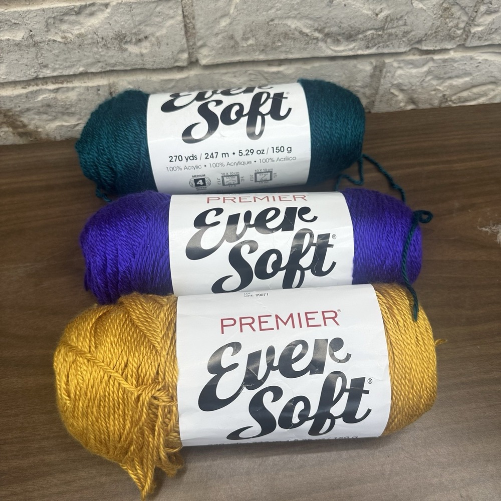 3 Pc Premier Yarns EVER SOFT 100% acrylic 5oz 150g 270yds #4 Teal Mustard Purple